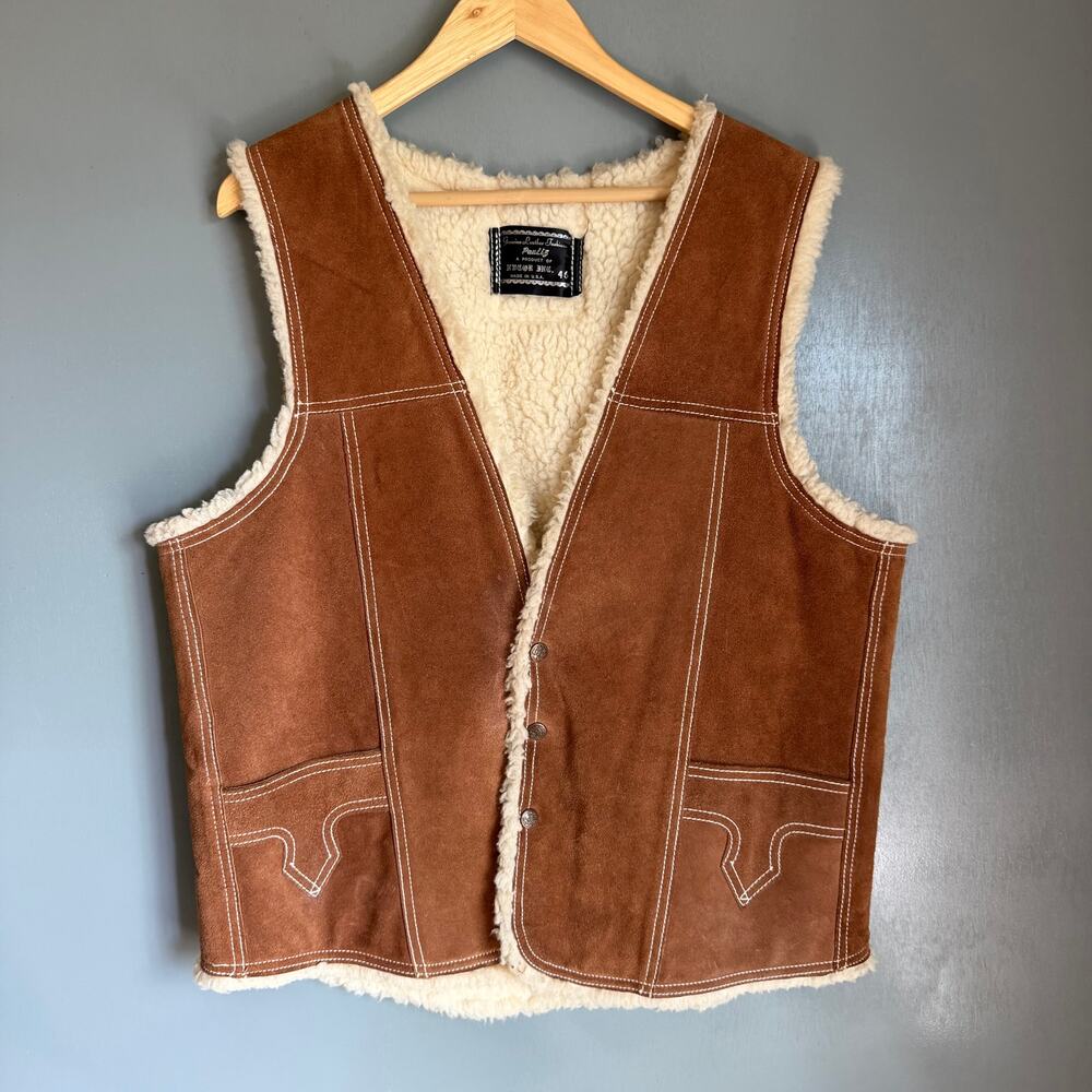 Vintage PAULIZ Men's 46 Genuine Brown Leather Vest Snap Close Shearling Western